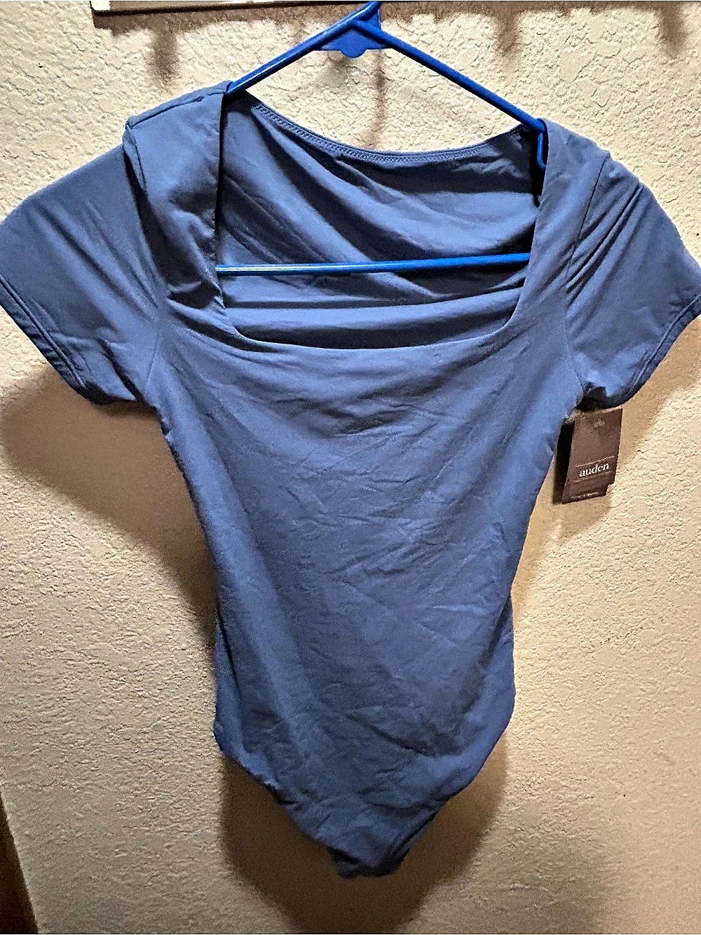 Auden Luxury Collection Square Neck Short Sleeve Bodysuit Blue Small NWT